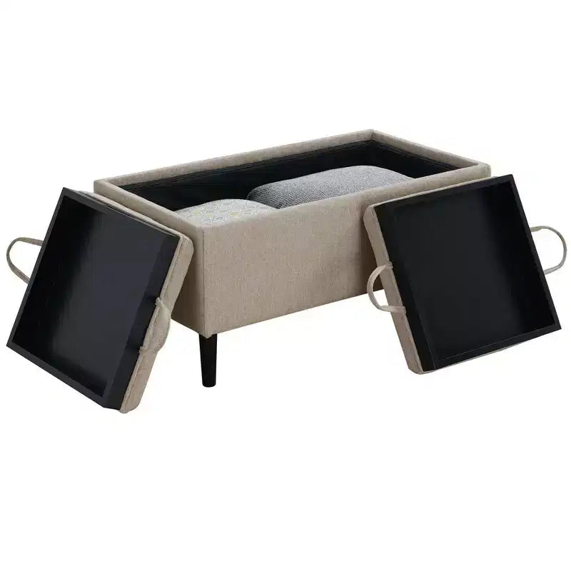 Pouf Contenitore in Lino con Vassoi Reversibili, Beige Chiaro
