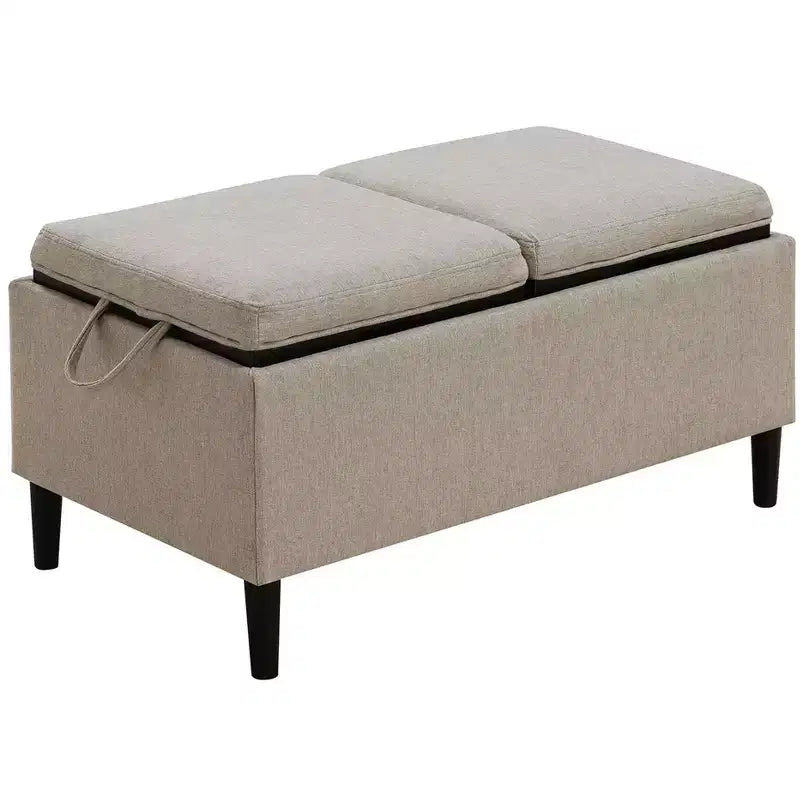 Pouf Contenitore in Lino con Vassoi Reversibili, Beige Chiaro