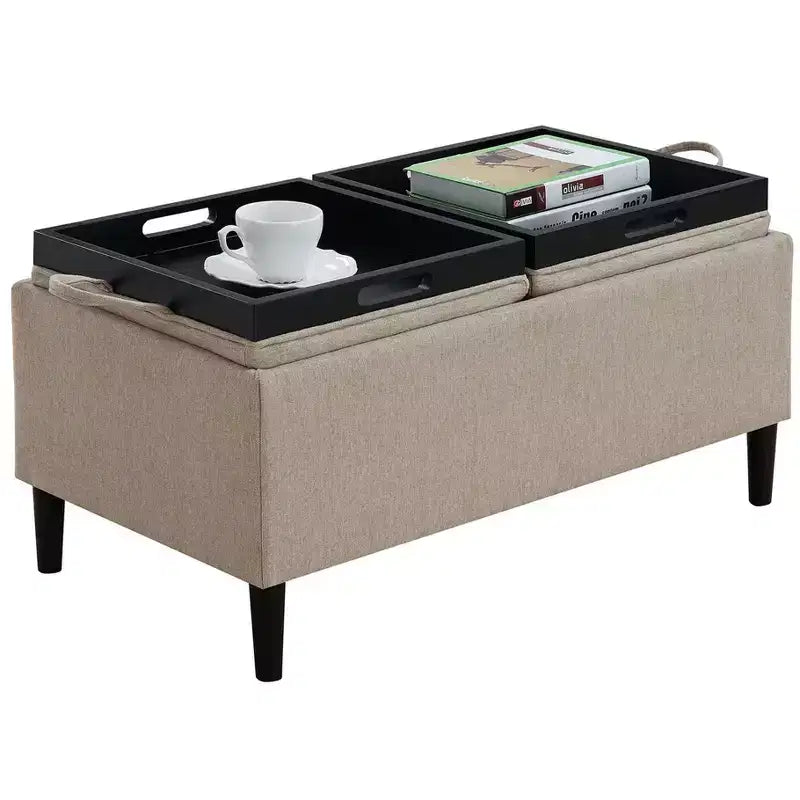 Pouf Contenitore in Lino con Vassoi Reversibili, Beige Chiaro