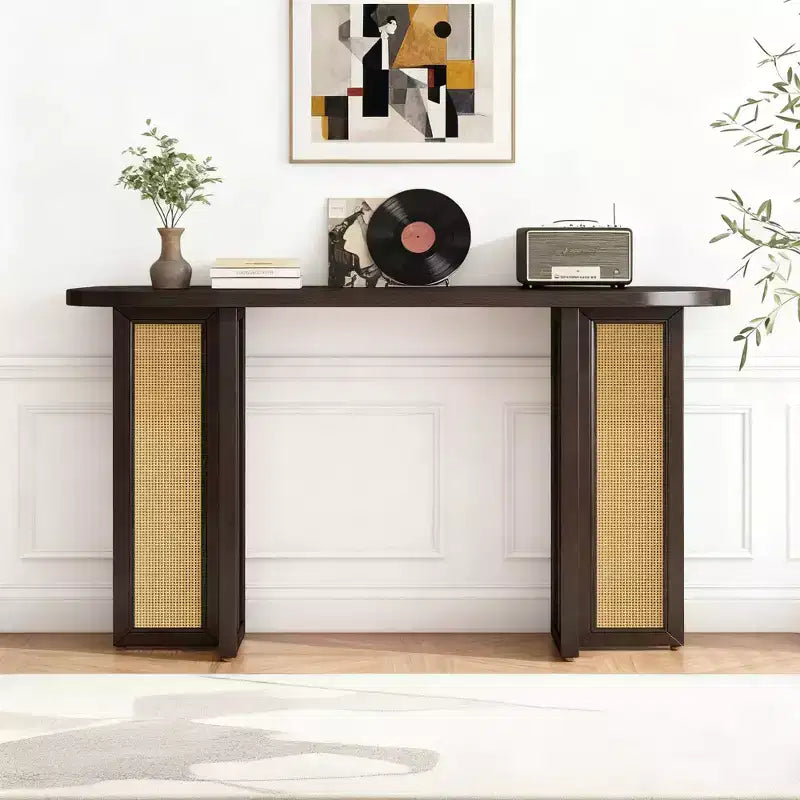 Luxystar Rattan Narrow Console Table with Oval Top and Storage for Living Room and Entran