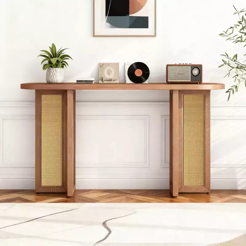 Consolle stretta in rattan con piano ovale e contenitore, Ingresso