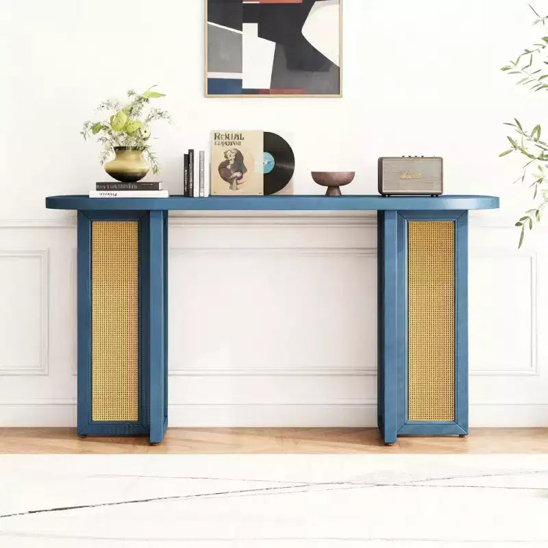 Consolle stretta in rattan con piano ovale e contenitore, Ingresso