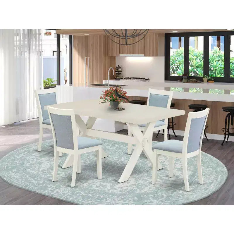 Tavolo da pranzo spazzolato bianco lino con 4 sedie, legno massello