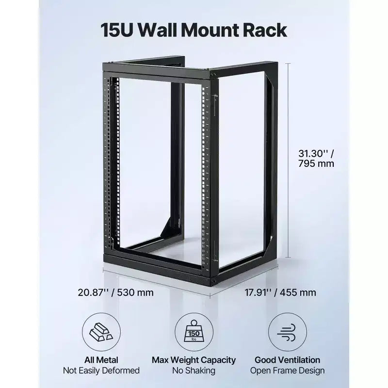 Armadio server da muro 15U, capacità 68 kg, telaio aperto, acciaio al carbonio