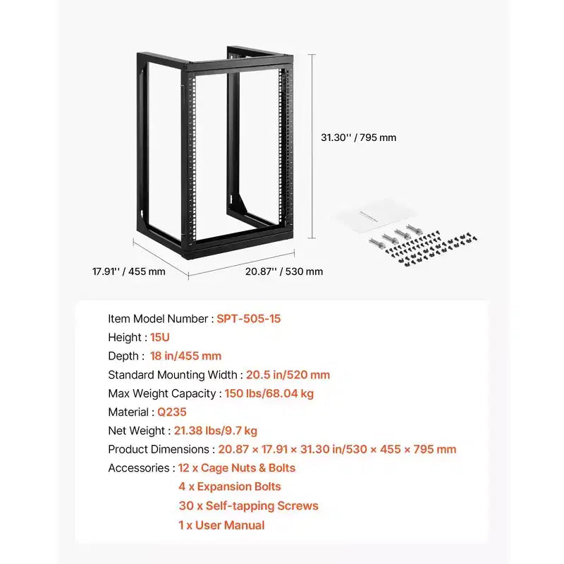 Armadio server da muro 15U, capacità 68 kg, telaio aperto, acciaio al carbonio