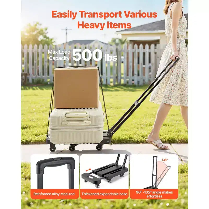 Carrello Pieghevole 227 kg, Carrello Portabagagli Richiudibile con 6 Ruote