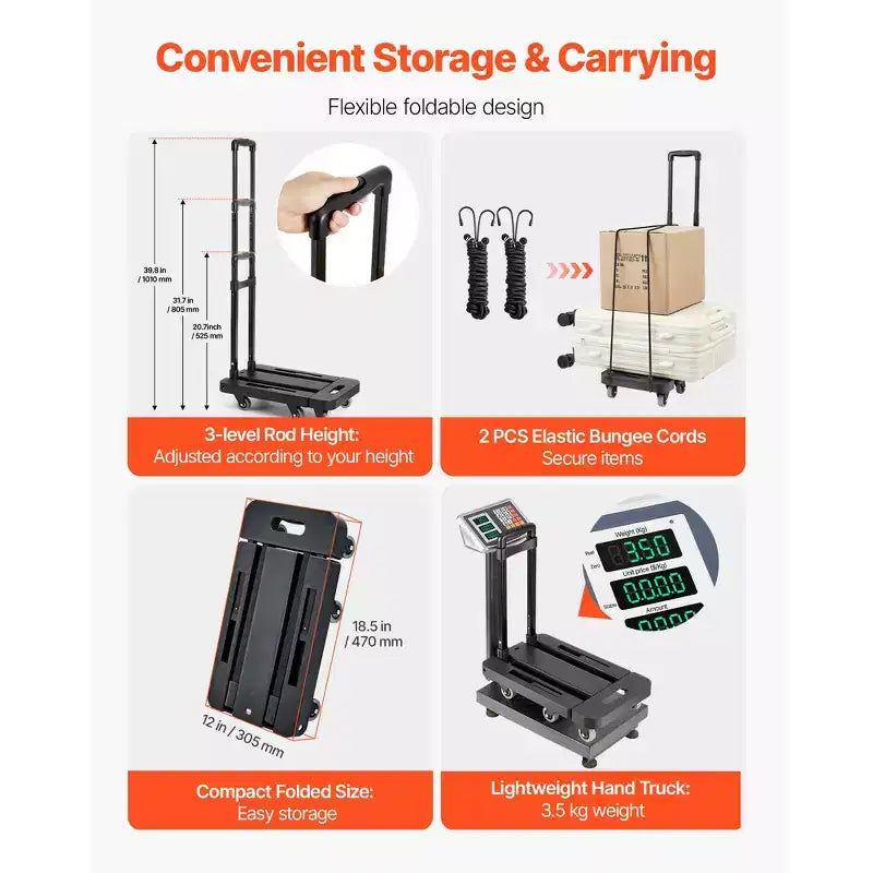 Carrello Pieghevole 227 kg, Carrello Portabagagli Richiudibile con 6 Ruote