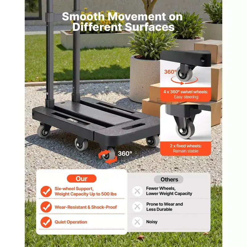 Carrello Pieghevole 227 kg, Carrello Portabagagli Richiudibile con 6 Ruote