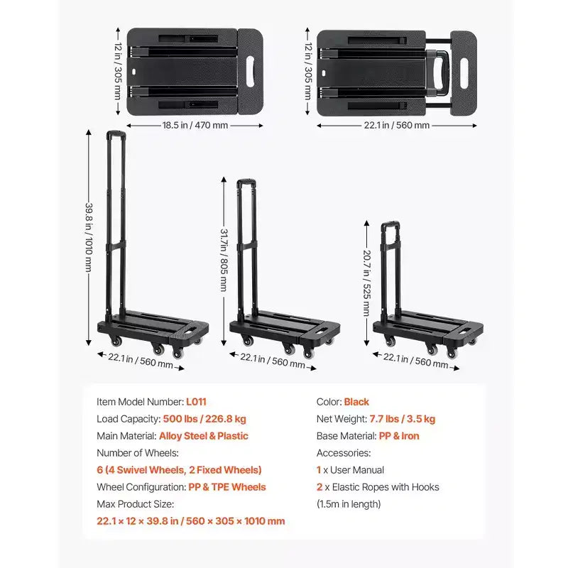Carrello Pieghevole 227 kg, Carrello Portabagagli Richiudibile con 6 Ruote