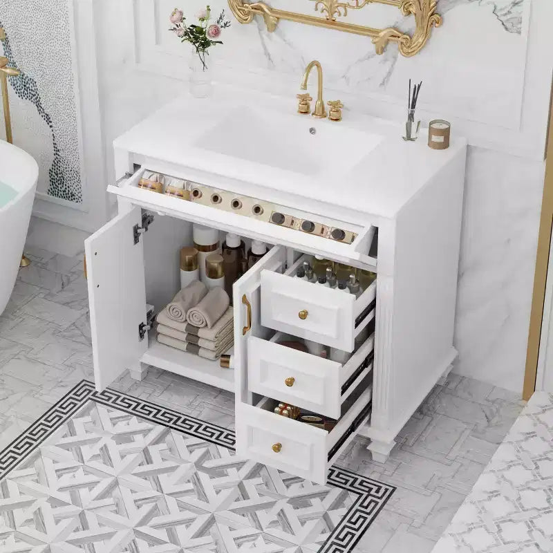 Mobile bagno da 90 cm con lavabo, 3 cassetti, ante a chiusura ammortizzata, ferramenta dorata