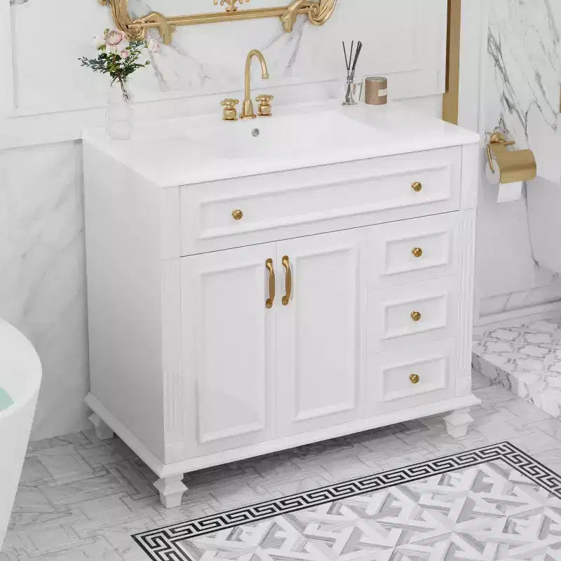 Mobile bagno da 90 cm con lavabo, 3 cassetti, ante a chiusura ammortizzata, ferramenta dorata
