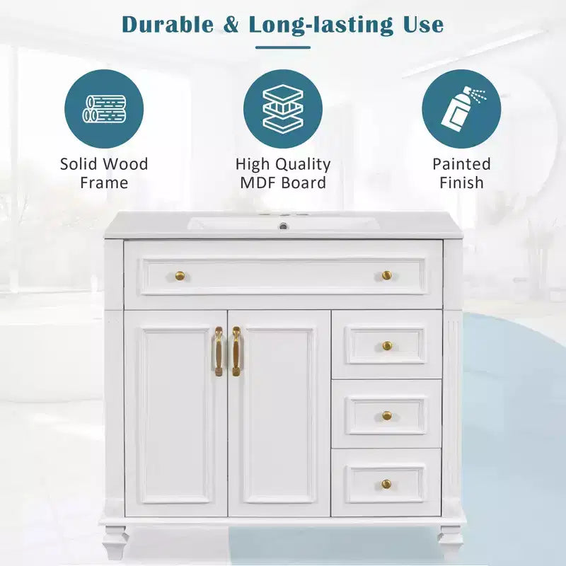 Mobile bagno da 90 cm con lavabo, 3 cassetti, ante a chiusura ammortizzata, ferramenta dorata