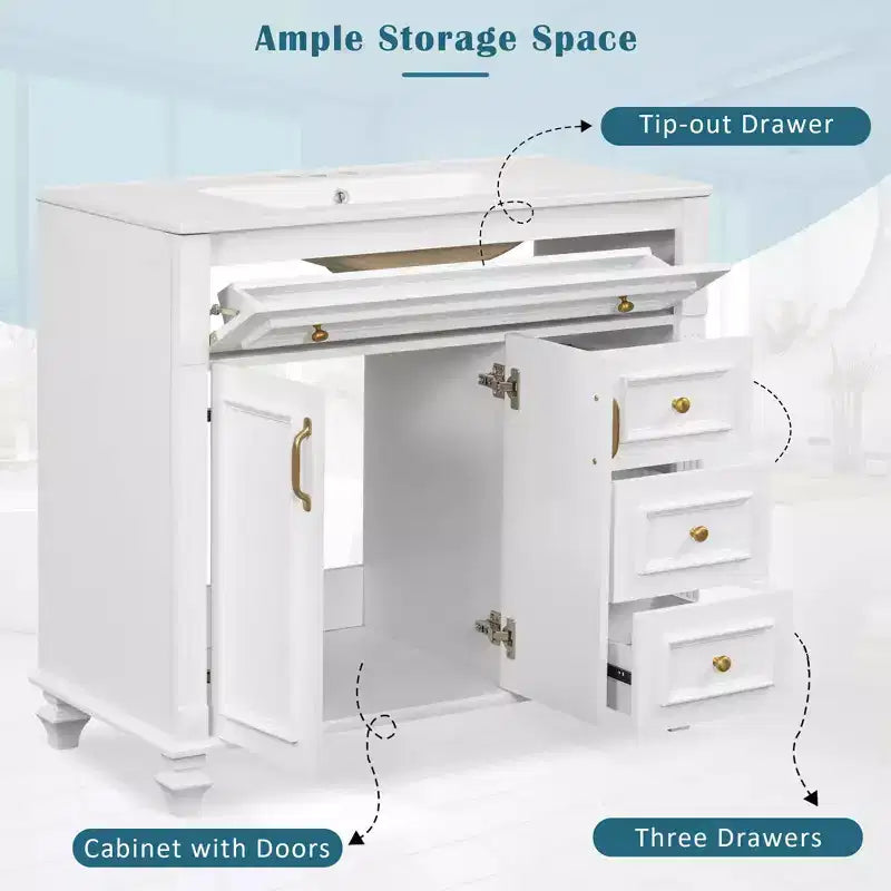 Mobile bagno da 90 cm con lavabo, 3 cassetti, ante a chiusura ammortizzata, ferramenta dorata