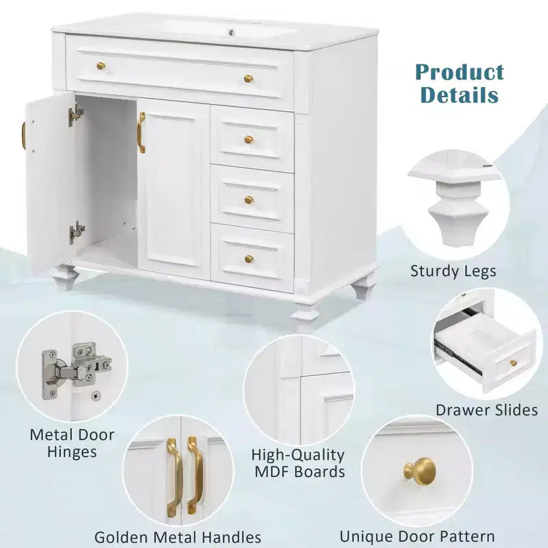 Mobile bagno da 90 cm con lavabo, 3 cassetti, ante a chiusura ammortizzata, ferramenta dorata