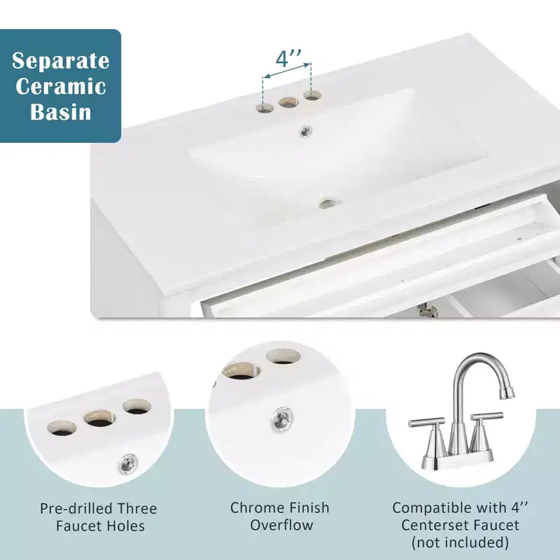 Mobile bagno da 90 cm con lavabo, 3 cassetti, ante a chiusura ammortizzata, ferramenta dorata