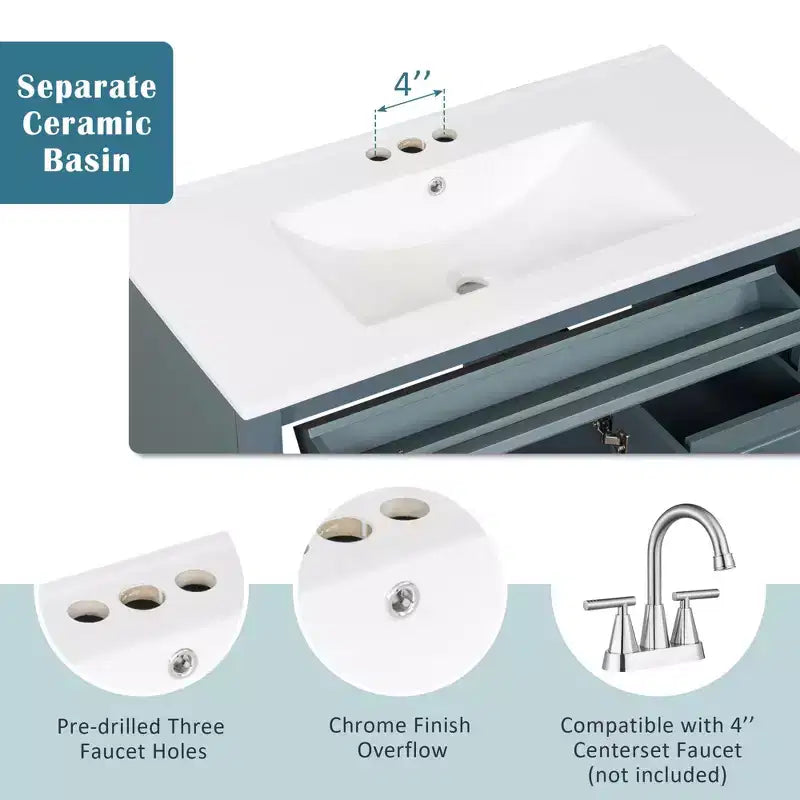 Mobile bagno da 90 cm con lavabo, 3 cassetti, ante a chiusura ammortizzata, ferramenta dorata