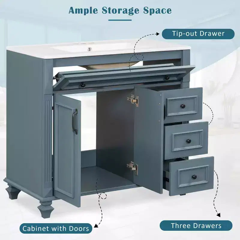Mobile bagno da 90 cm con lavabo, 3 cassetti, ante a chiusura ammortizzata, ferramenta dorata