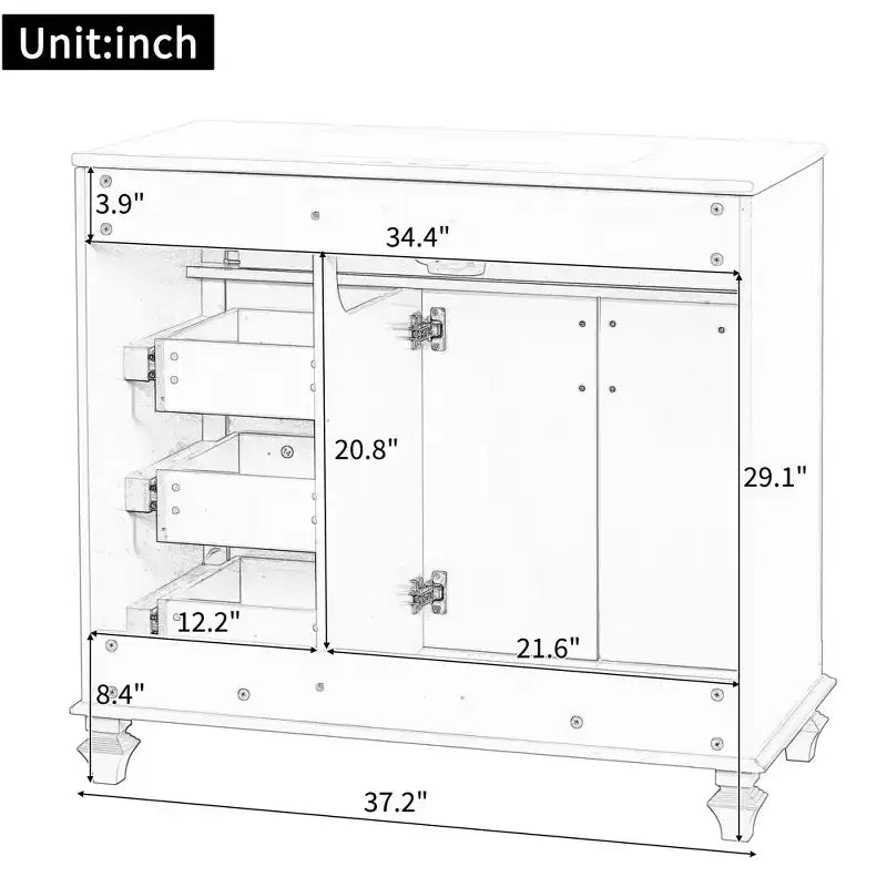 Mobile bagno da 90 cm con lavabo, 3 cassetti, ante a chiusura ammortizzata, ferramenta dorata
