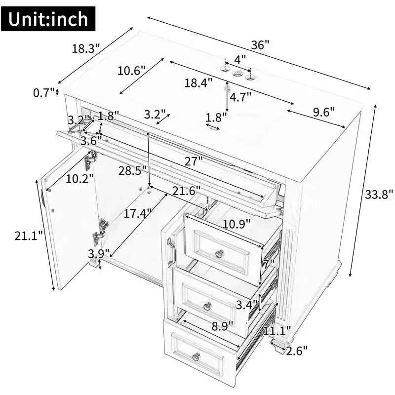 Mobile bagno da 90 cm con lavabo, 3 cassetti, ante a chiusura ammortizzata, ferramenta dorata