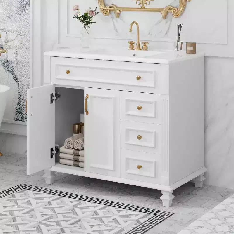 Mobile bagno da 90 cm con lavabo, 3 cassetti, ante a chiusura ammortizzata, ferramenta dorata