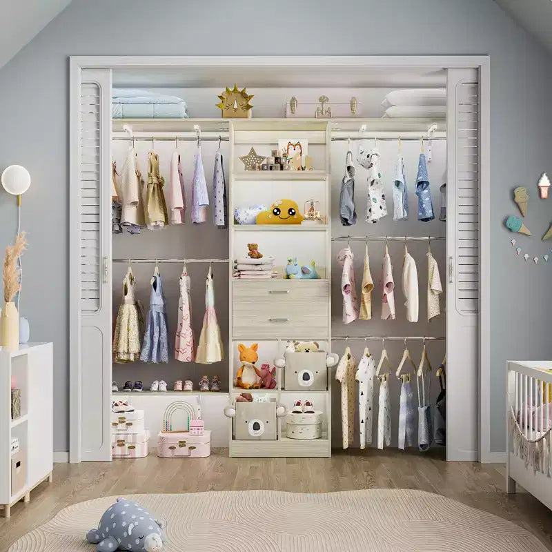 Besiost 8FT Closet Organizer System with Wood Drawers and Cubbies, White Wardrobe with 5 Hanging Rods