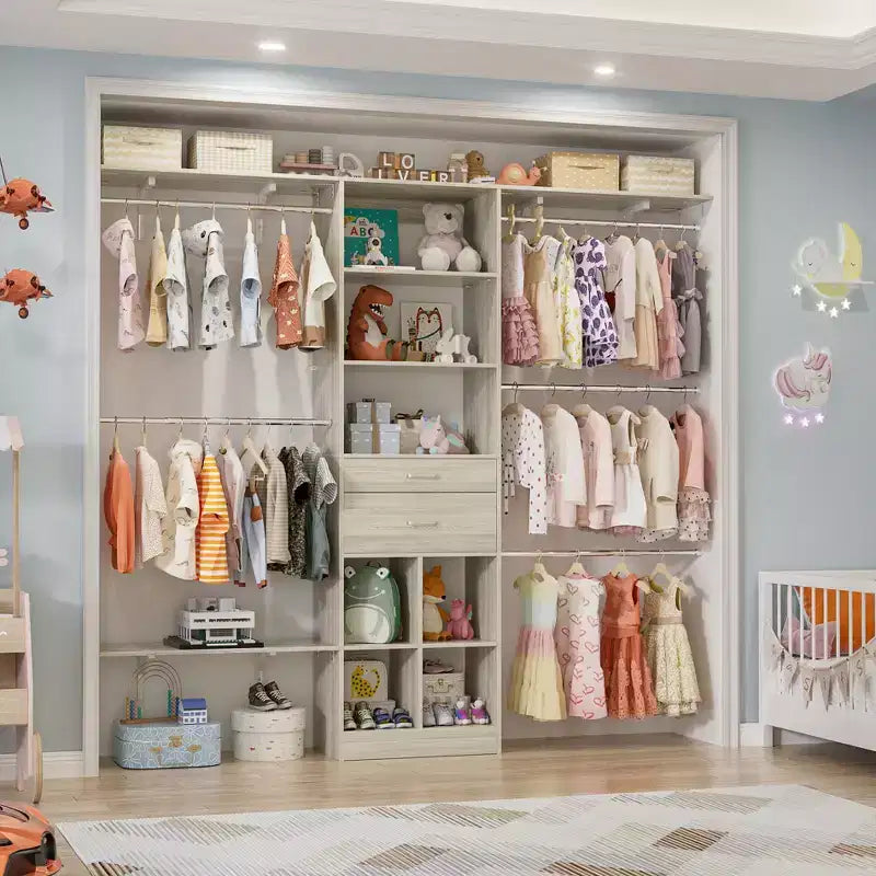 Organizzatore per armadio da 240 cm con cassetti in legno, scomparti e 5 aste appendiabiti, bianco