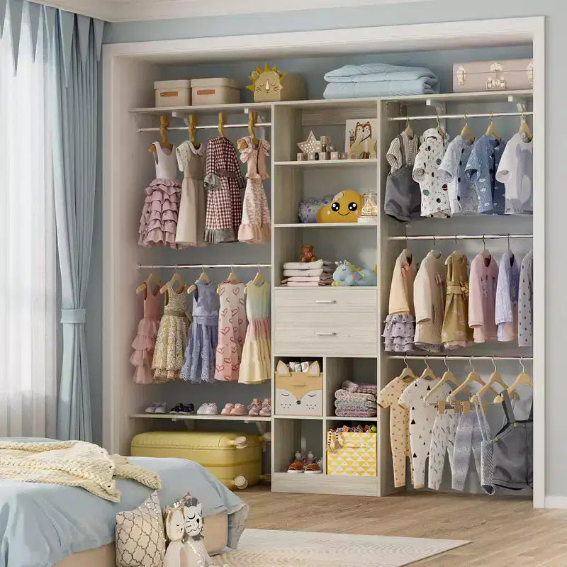 Organizzatore per armadio da 240 cm con cassetti in legno, scomparti e 5 aste appendiabiti, bianco
