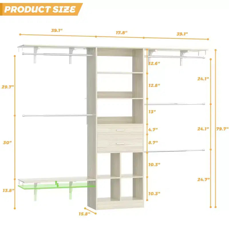 Organizzatore per armadio da 240 cm con cassetti in legno, scomparti e 5 aste appendiabiti, bianco