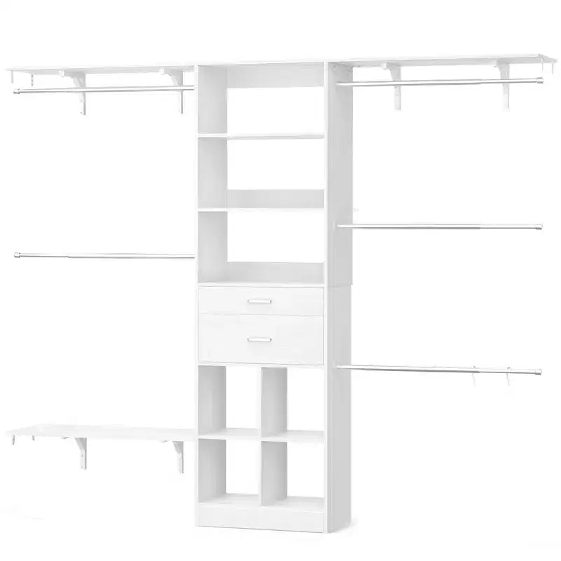 Organizzatore per armadio da 240 cm con cassetti in legno, scomparti e 5 aste appendiabiti, bianco
