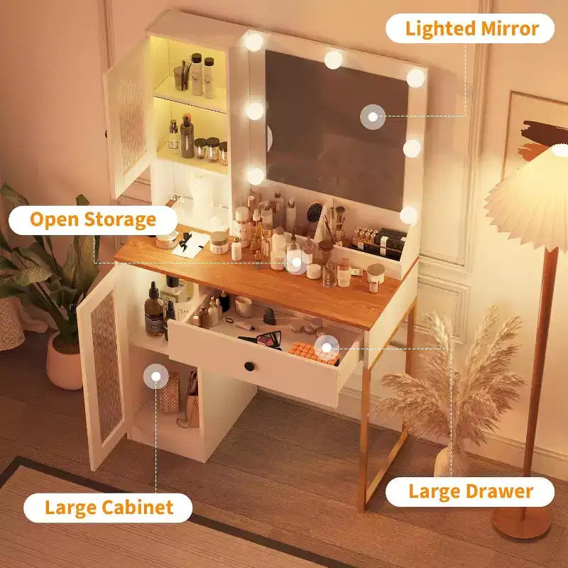Toeletta con Specchio, Prese Integrate e Porte USB, Tavolo da Trucco