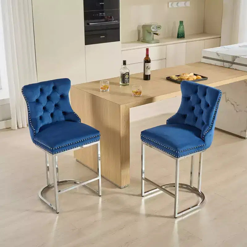 Sgabello da bancone in velluto da 26" con schienale trapuntato e base in metallo cromato