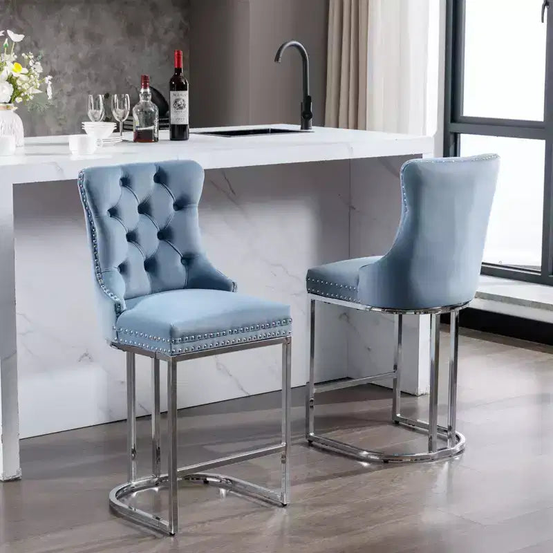 Sgabello da bancone in velluto da 26" con schienale trapuntato e base in metallo cromato