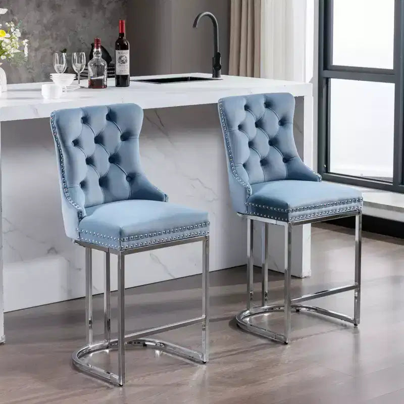 Sgabello da bancone in velluto da 26" con schienale trapuntato e base in metallo cromato