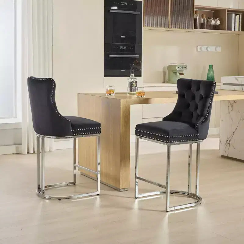 Sgabello da bancone in velluto da 26" con schienale trapuntato e base in metallo cromato
