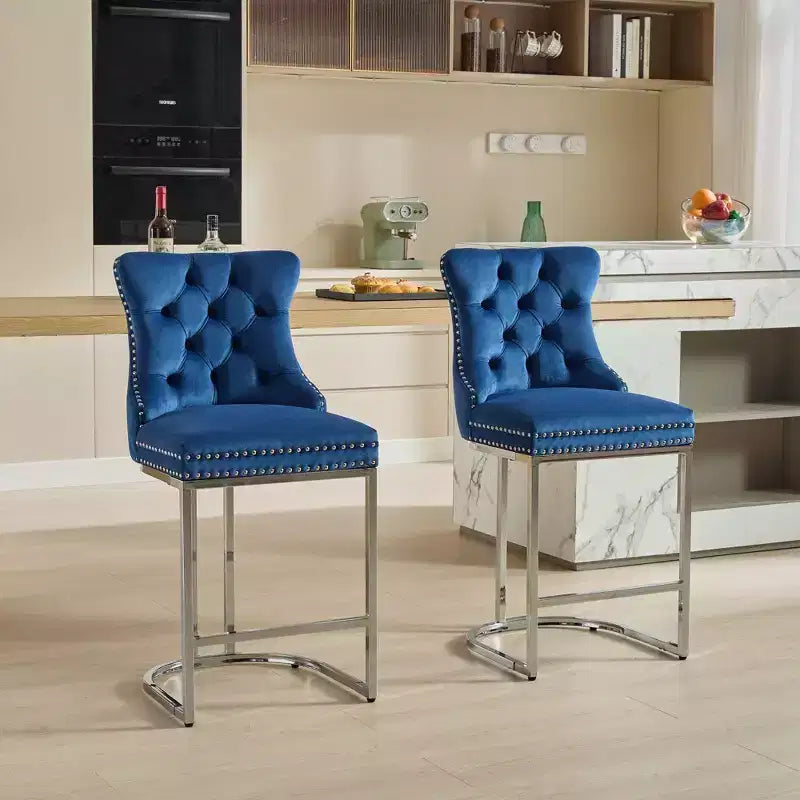 Sgabello da bancone in velluto da 26" con schienale trapuntato e base in metallo cromato