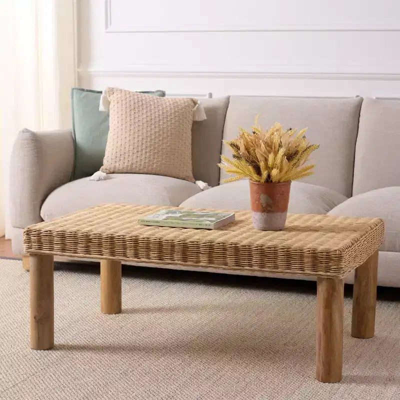 Tavolino da Caffè Rettangolare in Rattan Intrecciato, Struttura in Legno di Mango, Naturale
