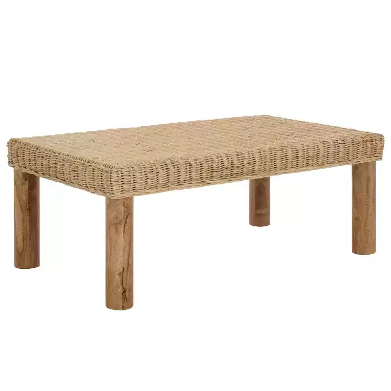 Tavolino da Caffè Rettangolare in Rattan Intrecciato, Struttura in Legno di Mango, Naturale