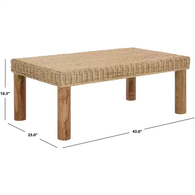 Tavolino da Caffè Rettangolare in Rattan Intrecciato, Struttura in Legno di Mango, Naturale