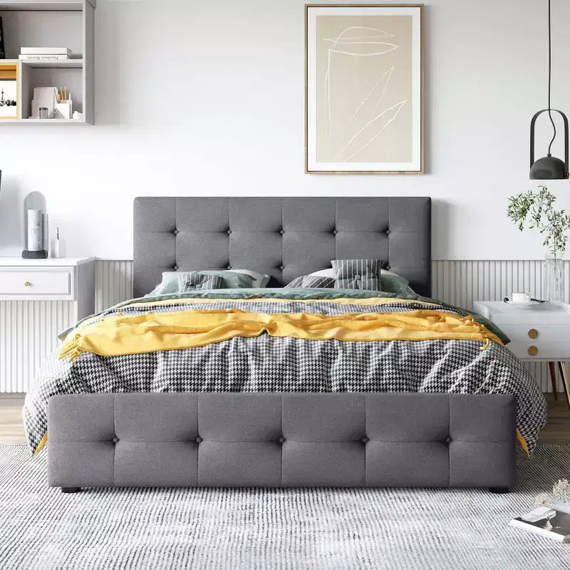 Letto matrimoniale con testiera capitonné e 4 cassetti contenitore