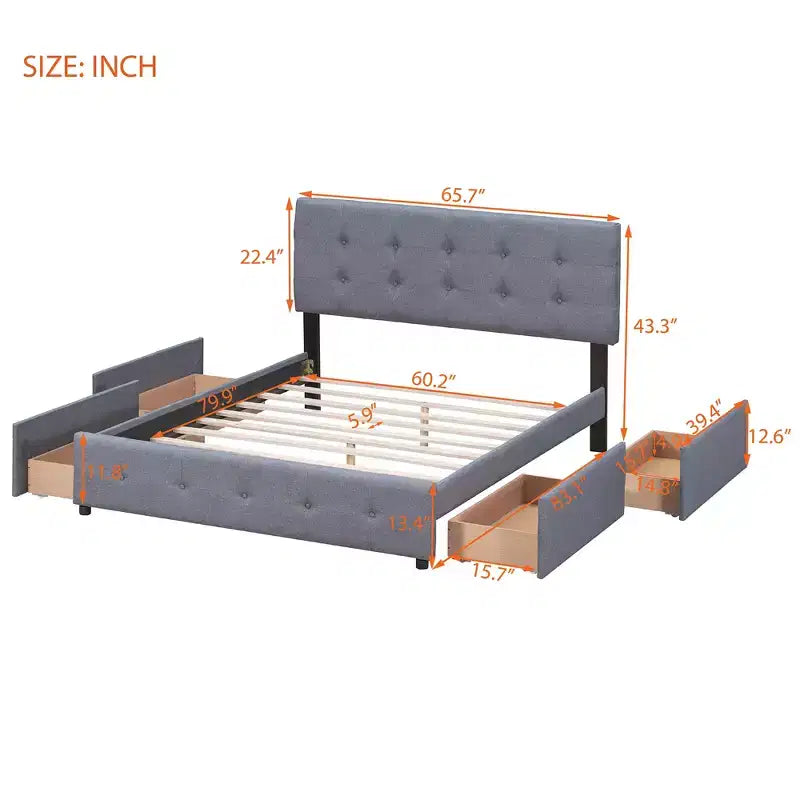 Letto matrimoniale con testiera capitonné e 4 cassetti contenitore
