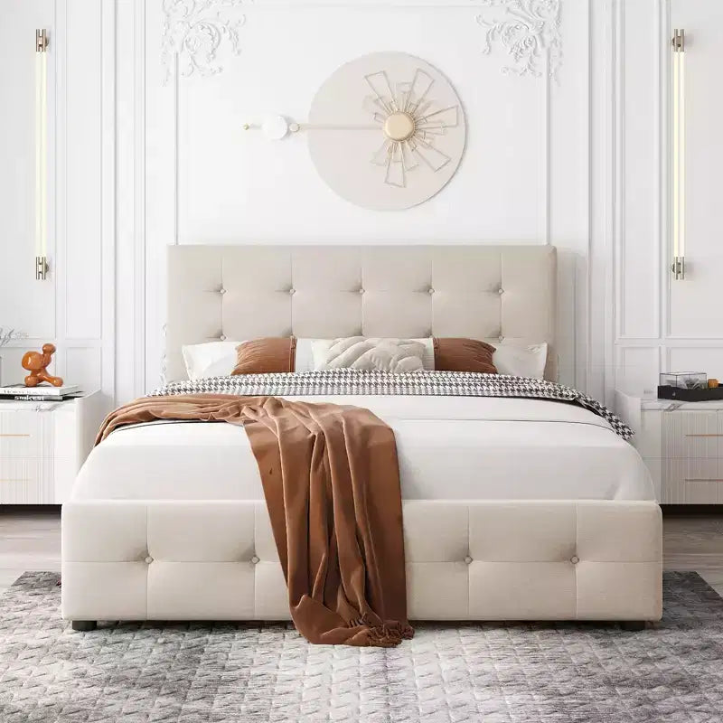 Letto matrimoniale con testiera capitonné e 4 cassetti contenitore