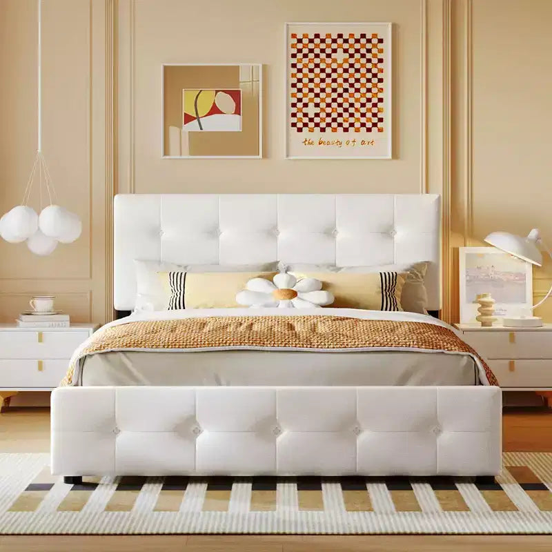 Letto matrimoniale con testiera capitonné e 4 cassetti contenitore