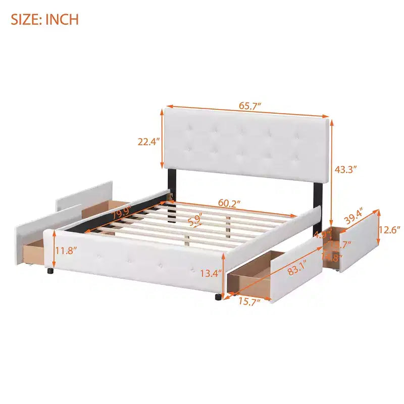 Letto matrimoniale con testiera capitonné e 4 cassetti contenitore
