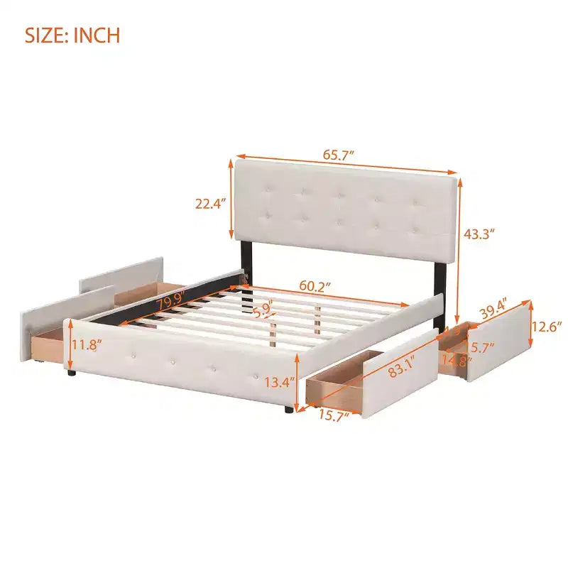 Letto matrimoniale con testiera capitonné e 4 cassetti contenitore