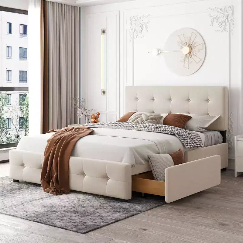 Upholstered Queen Size Platform Bed with Classic Headboard and 4 Drawers-ModernLuxe