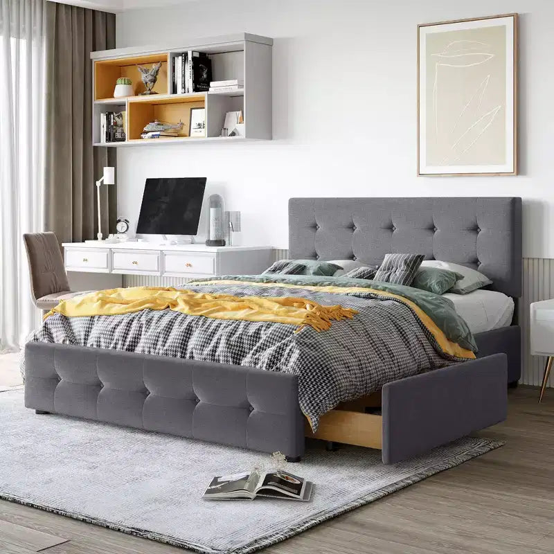 Letto matrimoniale con testiera capitonné e 4 cassetti contenitore