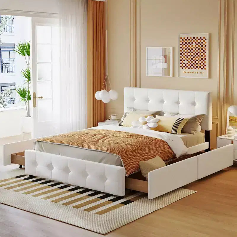 Letto matrimoniale con testiera capitonné e 4 cassetti contenitore