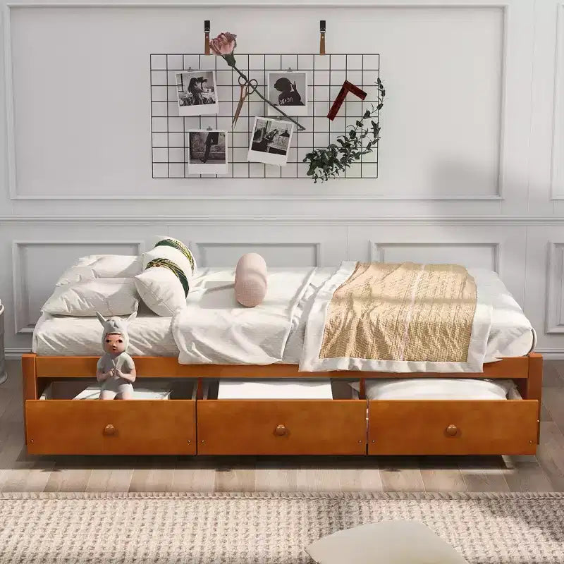 Letto a piattaforma singolo con 3 cassetti, Legno massello di pino