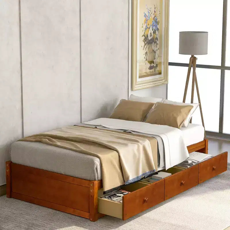 Letto a piattaforma singolo con 3 cassetti, Legno massello di pino