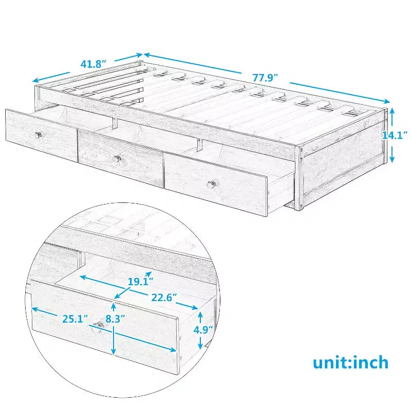 Letto a piattaforma singolo con 3 cassetti, Legno massello di pino